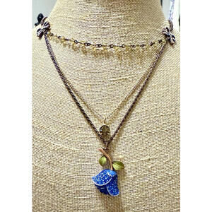 Vintage Betsey Johnson Blue Rose Pendant Layered Necklace Copper Tone Bow Charm